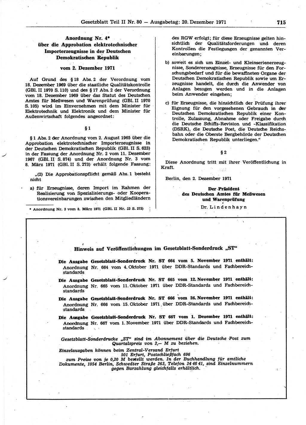 Gesetzblatt (GBl.) der Deutschen Demokratischen Republik (DDR) Teil ⅠⅠ 1971, Seite 715 (GBl. DDR ⅠⅠ 1971, S. 715)