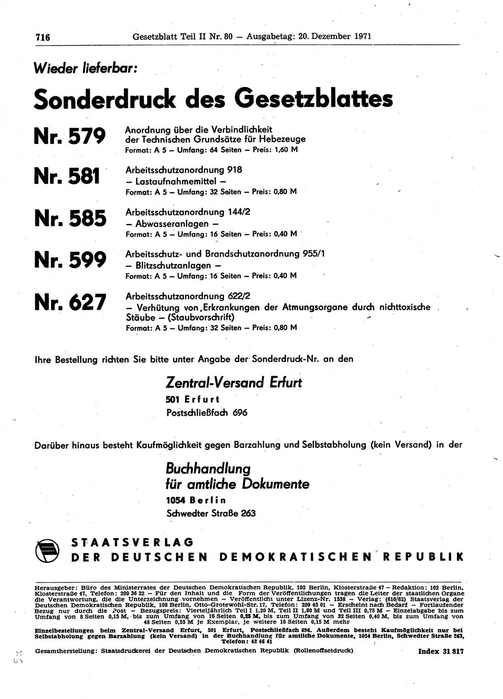 Gesetzblatt (GBl.) der Deutschen Demokratischen Republik (DDR) Teil ⅠⅠ 1971, Seite 716 (GBl. DDR ⅠⅠ 1971, S. 716)