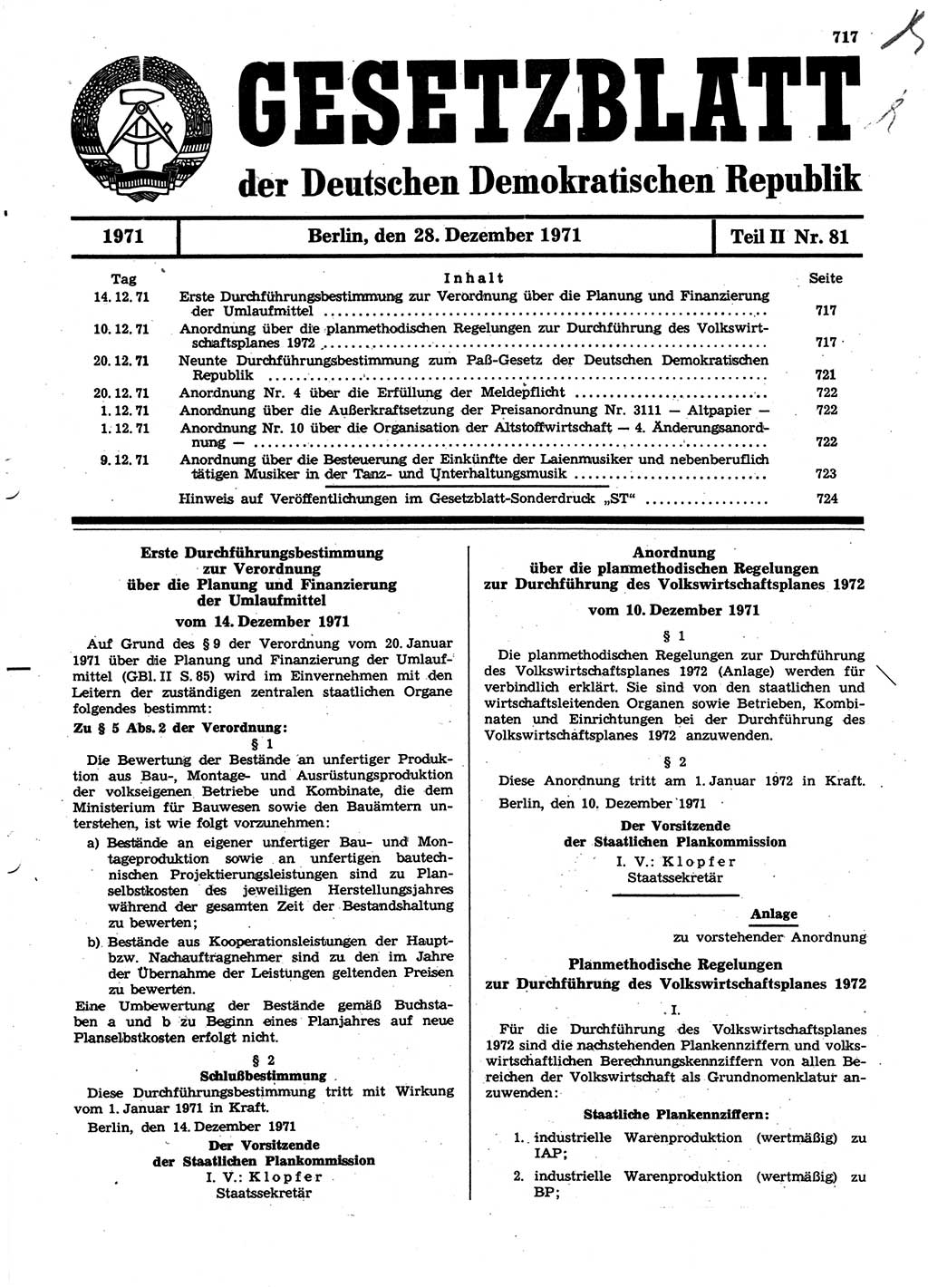 Gesetzblatt (GBl.) der Deutschen Demokratischen Republik (DDR) Teil ⅠⅠ 1971, Seite 717 (GBl. DDR ⅠⅠ 1971, S. 717)