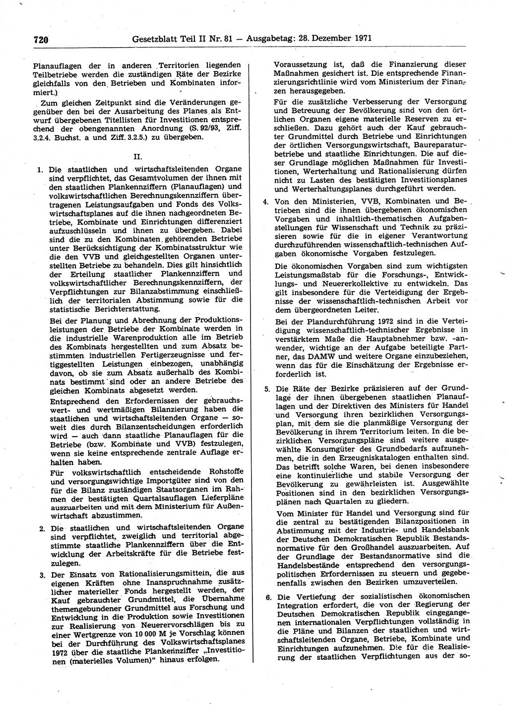 Gesetzblatt (GBl.) der Deutschen Demokratischen Republik (DDR) Teil ⅠⅠ 1971, Seite 720 (GBl. DDR ⅠⅠ 1971, S. 720)