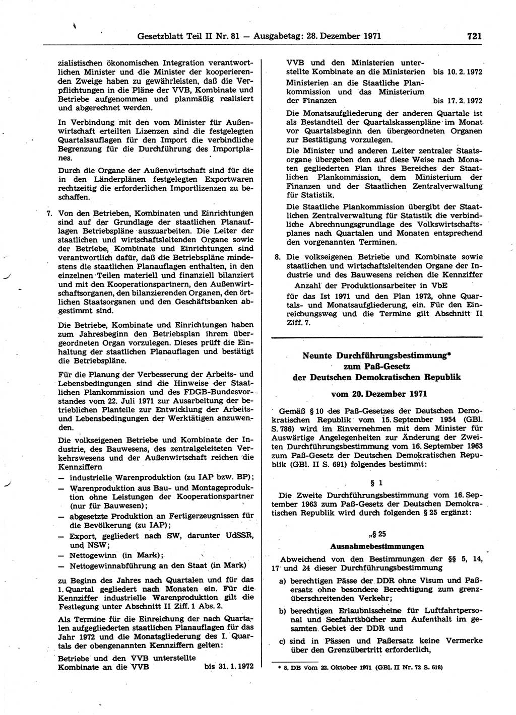 Gesetzblatt (GBl.) der Deutschen Demokratischen Republik (DDR) Teil ⅠⅠ 1971, Seite 721 (GBl. DDR ⅠⅠ 1971, S. 721)