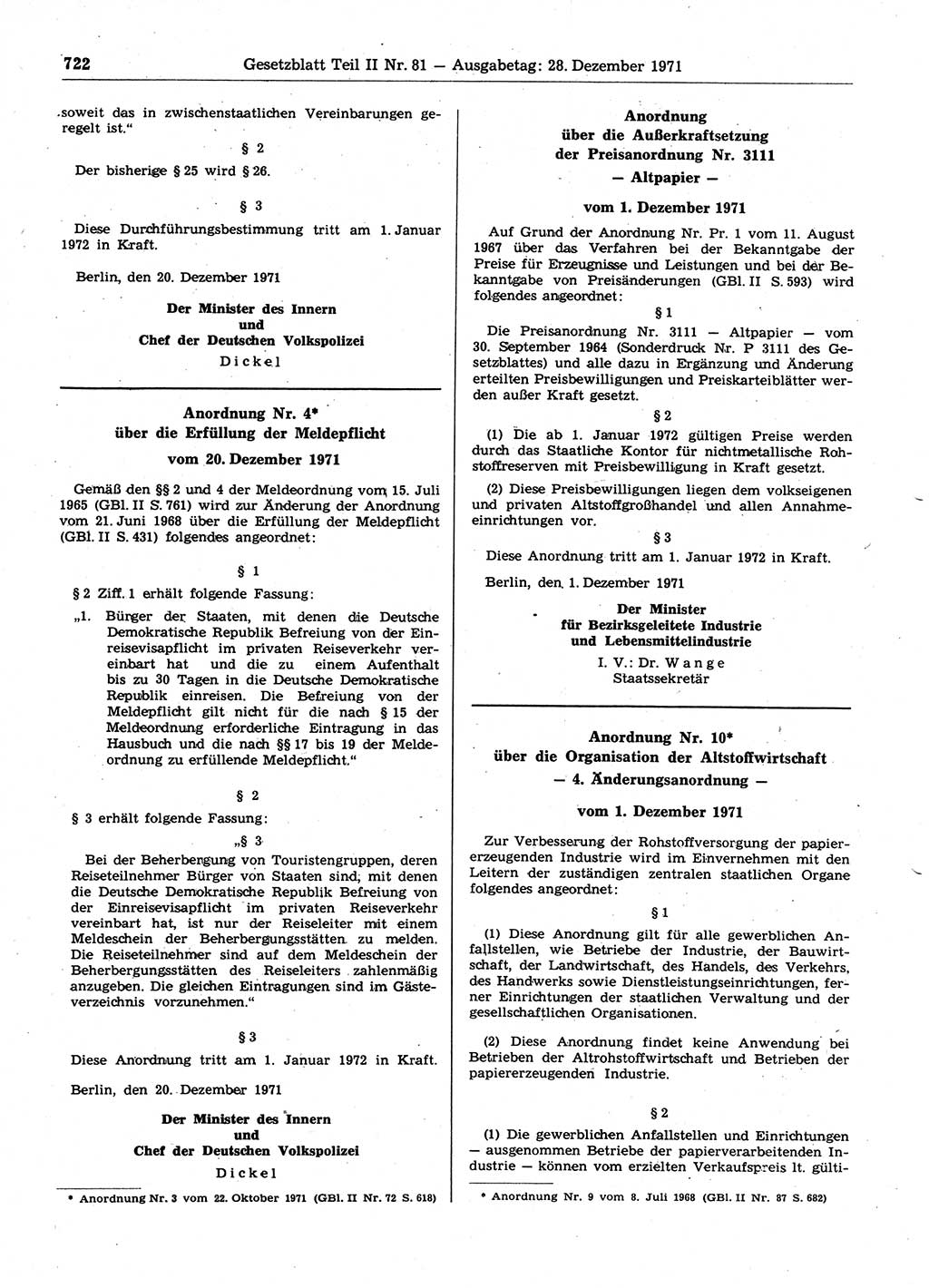 Gesetzblatt (GBl.) der Deutschen Demokratischen Republik (DDR) Teil ⅠⅠ 1971, Seite 722 (GBl. DDR ⅠⅠ 1971, S. 722)