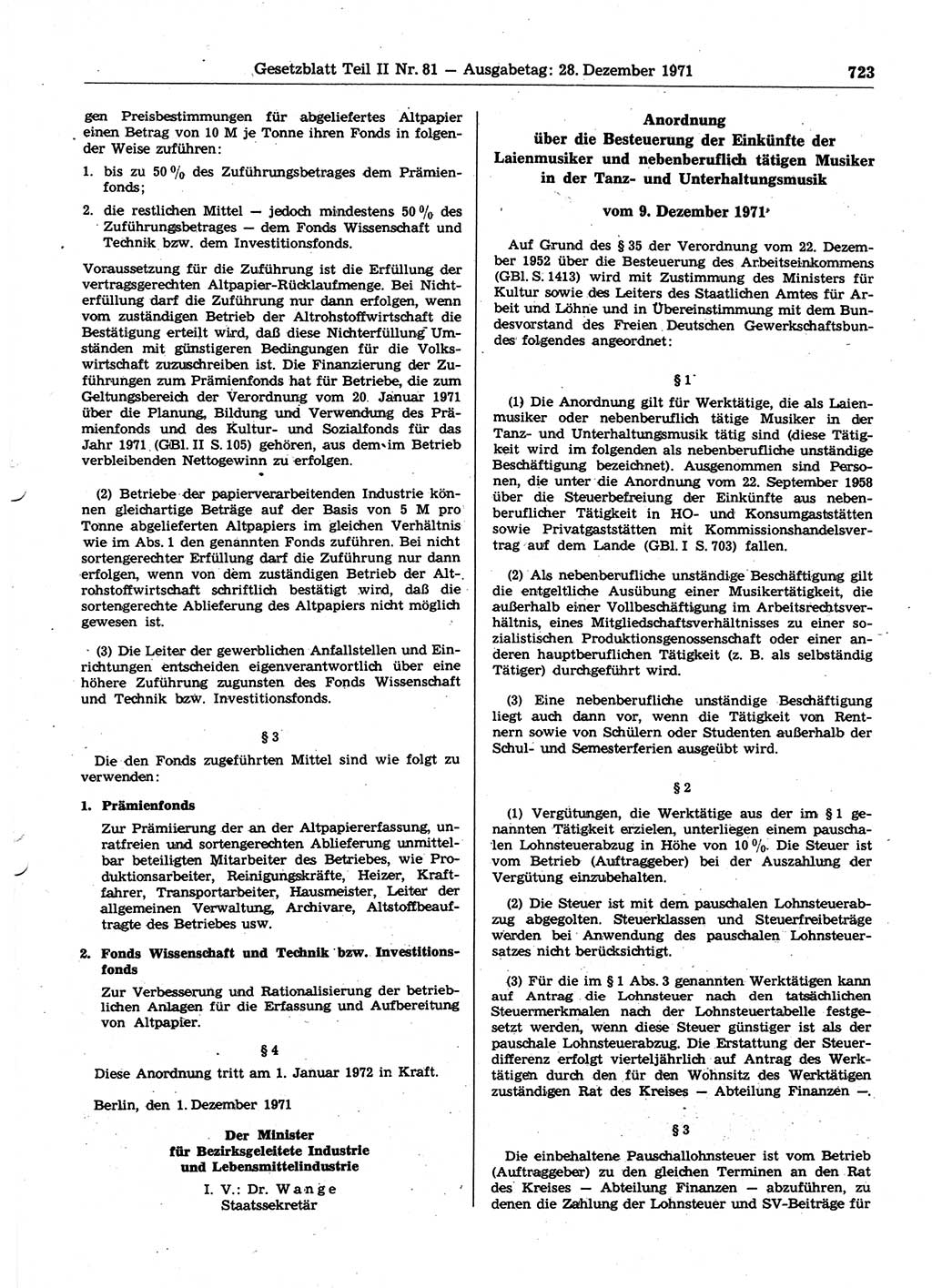Gesetzblatt (GBl.) der Deutschen Demokratischen Republik (DDR) Teil ⅠⅠ 1971, Seite 723 (GBl. DDR ⅠⅠ 1971, S. 723)