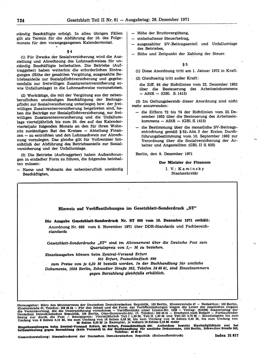 Gesetzblatt (GBl.) der Deutschen Demokratischen Republik (DDR) Teil ⅠⅠ 1971, Seite 724 (GBl. DDR ⅠⅠ 1971, S. 724)