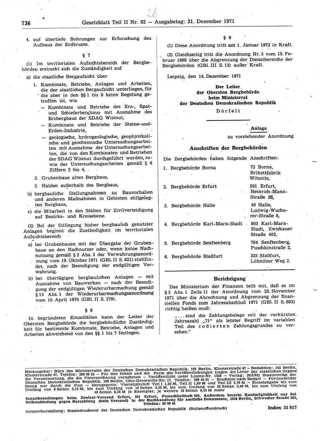 Gesetzblatt (GBl.) der Deutschen Demokratischen Republik (DDR) Teil ⅠⅠ 1971, Seite 736 (GBl. DDR ⅠⅠ 1971, S. 736)
