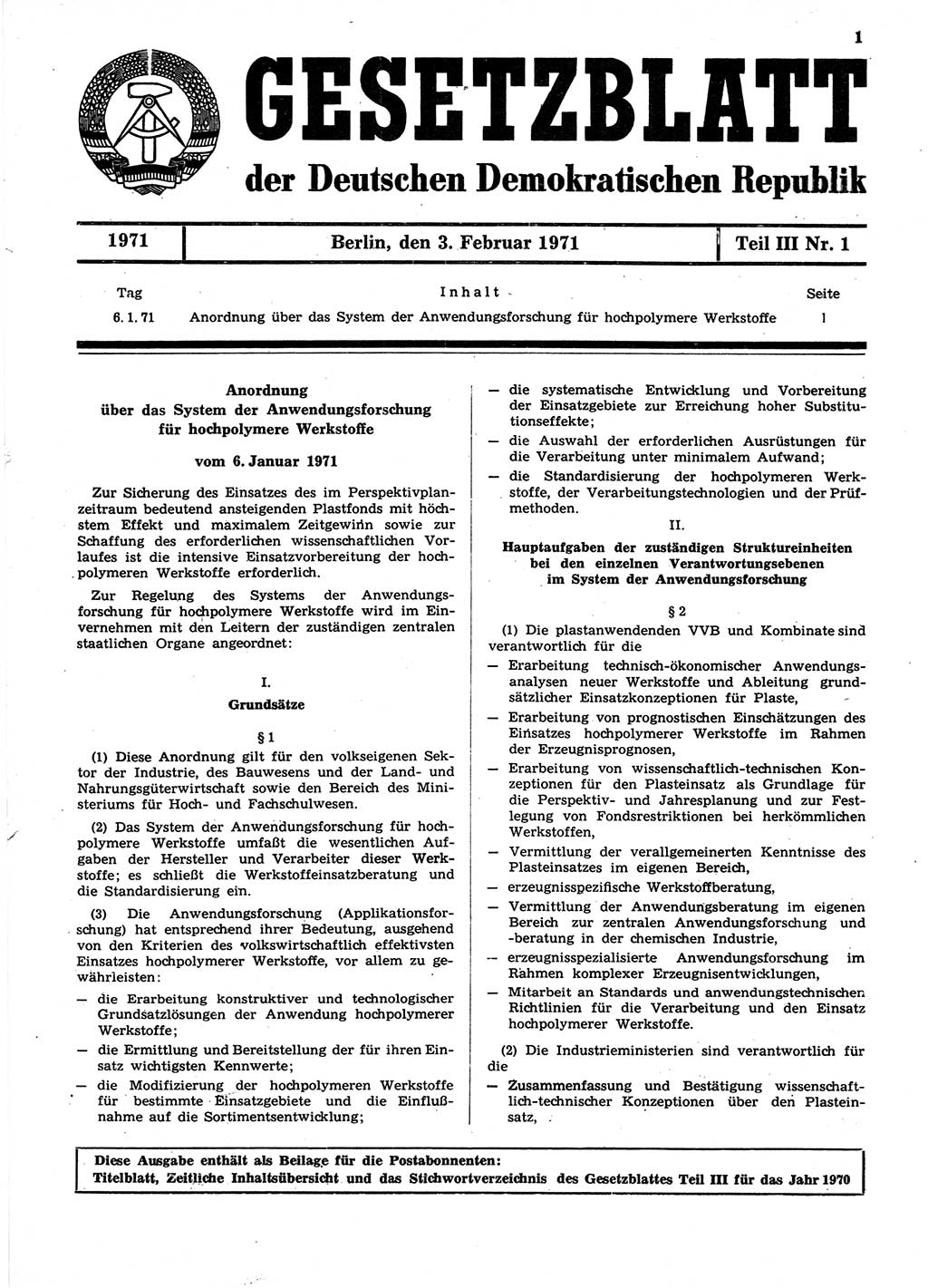 Gesetzblatt (GBl.) der Deutschen Demokratischen Republik (DDR) Teil ⅠⅠⅠ 1971, Seite 1 (GBl. DDR ⅠⅠⅠ 1971, S. 1)