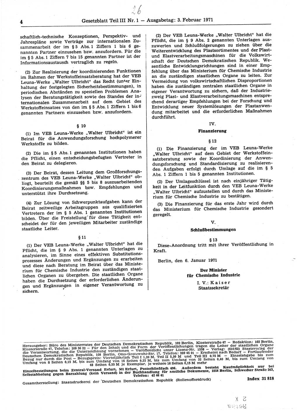 Gesetzblatt (GBl.) der Deutschen Demokratischen Republik (DDR) Teil ⅠⅠⅠ 1971, Seite 4 (GBl. DDR ⅠⅠⅠ 1971, S. 4)