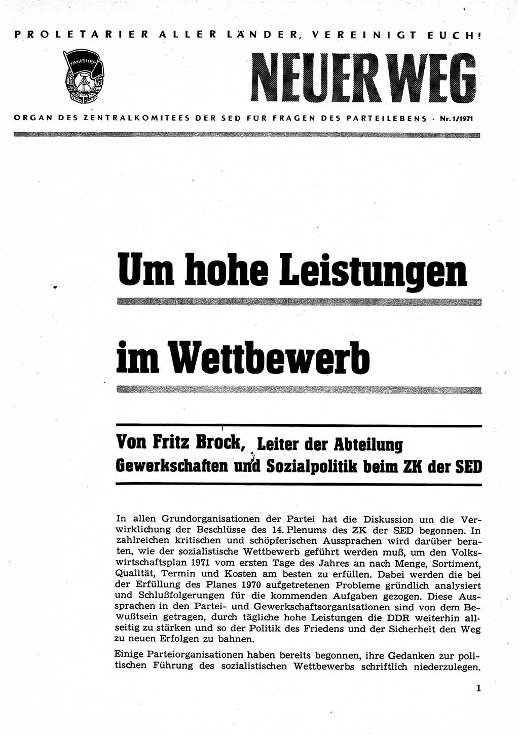 Neuer Weg (NW), Organ des Zentralkomitees (ZK) der SED (Sozialistische Einheitspartei Deutschlands) für Fragen des Parteilebens, 26. Jahrgang [Deutsche Demokratische Republik (DDR)] 1971, Seite 1 (NW ZK SED DDR 1971, S. 1)