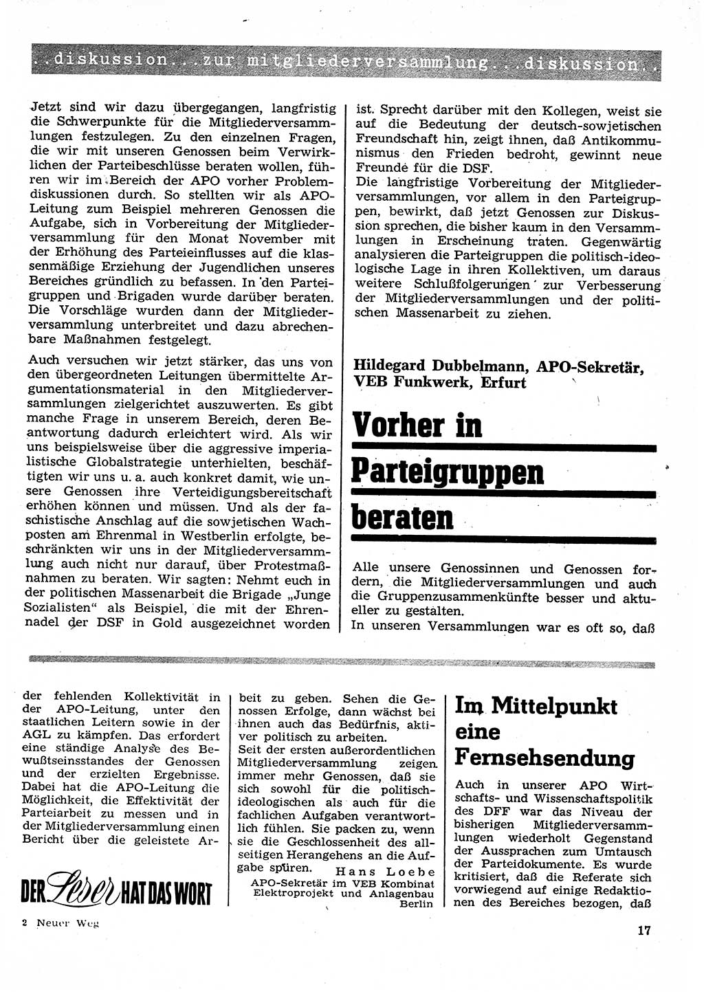 Neuer Weg (NW), Organ des Zentralkomitees (ZK) der SED (Sozialistische Einheitspartei Deutschlands) für Fragen des Parteilebens, 26. Jahrgang [Deutsche Demokratische Republik (DDR)] 1971, Seite 17 (NW ZK SED DDR 1971, S. 17)