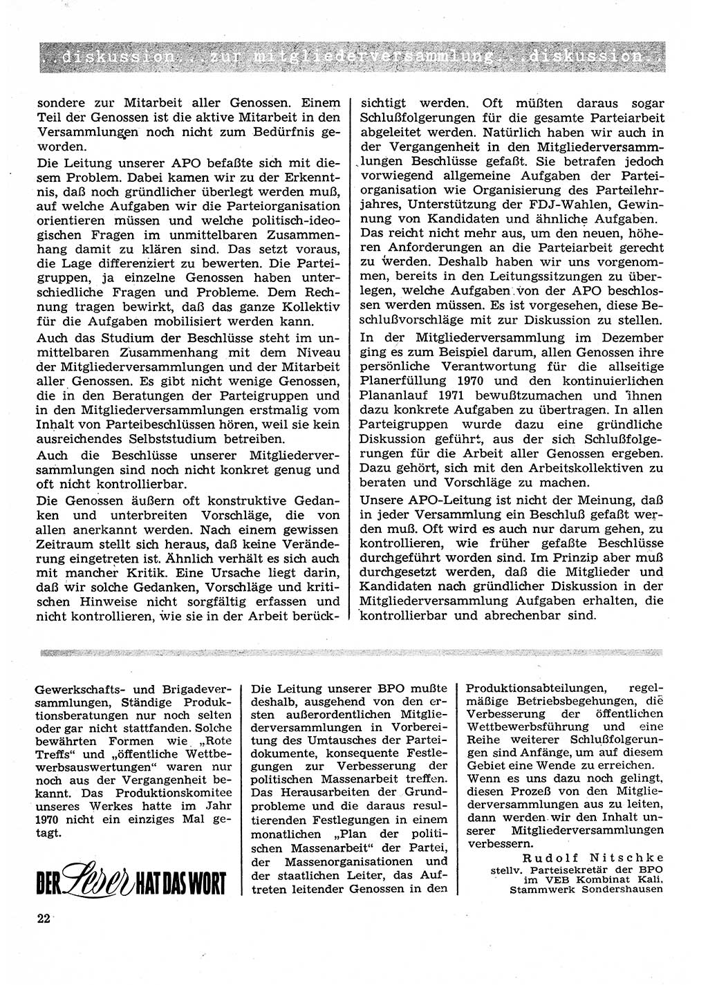 Neuer Weg (NW), Organ des Zentralkomitees (ZK) der SED (Sozialistische Einheitspartei Deutschlands) für Fragen des Parteilebens, 26. Jahrgang [Deutsche Demokratische Republik (DDR)] 1971, Seite 22 (NW ZK SED DDR 1971, S. 22)