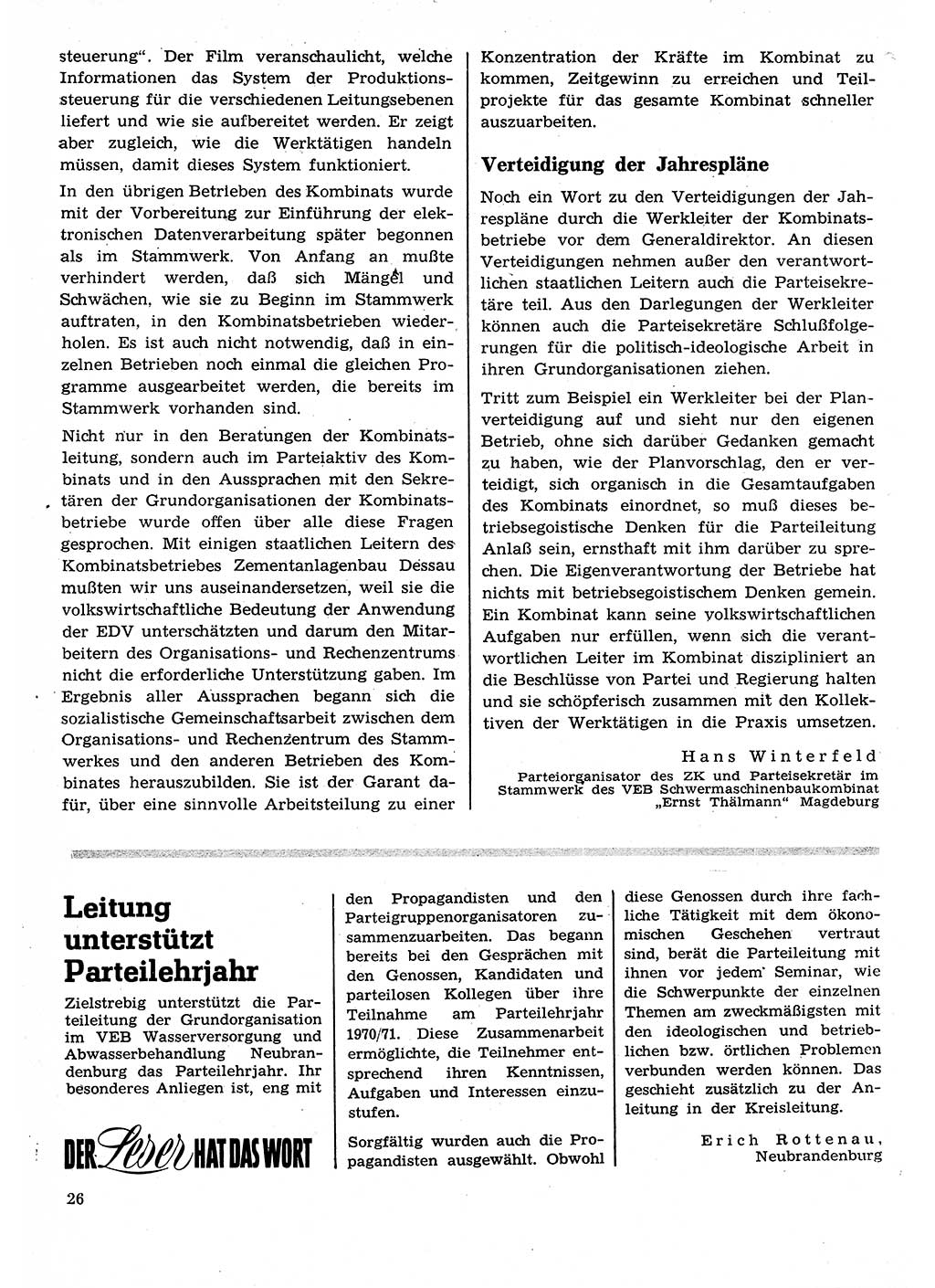 Neuer Weg (NW), Organ des Zentralkomitees (ZK) der SED (Sozialistische Einheitspartei Deutschlands) für Fragen des Parteilebens, 26. Jahrgang [Deutsche Demokratische Republik (DDR)] 1971, Seite 26 (NW ZK SED DDR 1971, S. 26)