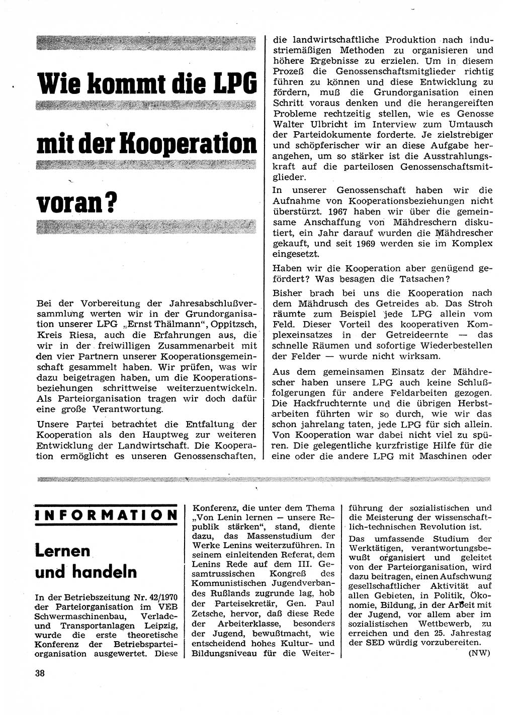 Neuer Weg (NW), Organ des Zentralkomitees (ZK) der SED (Sozialistische Einheitspartei Deutschlands) für Fragen des Parteilebens, 26. Jahrgang [Deutsche Demokratische Republik (DDR)] 1971, Seite 38 (NW ZK SED DDR 1971, S. 38)