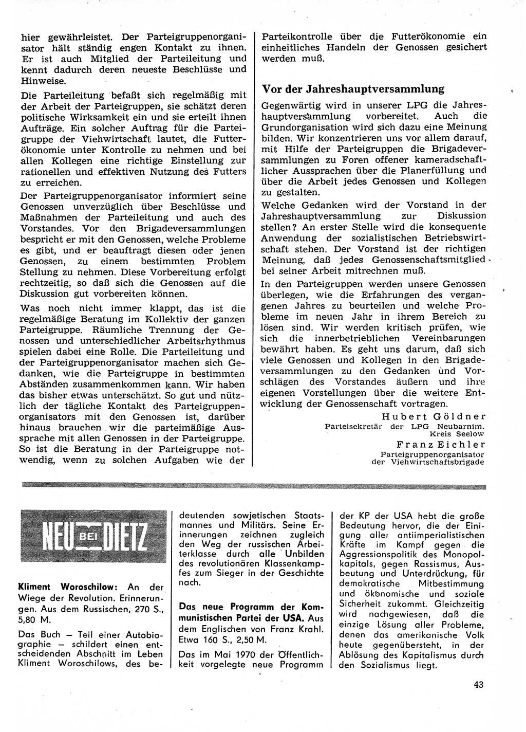 Neuer Weg (NW), Organ des Zentralkomitees (ZK) der SED (Sozialistische Einheitspartei Deutschlands) für Fragen des Parteilebens, 26. Jahrgang [Deutsche Demokratische Republik (DDR)] 1971, Seite 43 (NW ZK SED DDR 1971, S. 43)