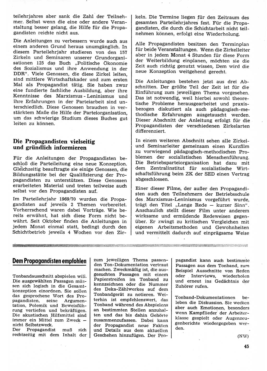 Neuer Weg (NW), Organ des Zentralkomitees (ZK) der SED (Sozialistische Einheitspartei Deutschlands) für Fragen des Parteilebens, 26. Jahrgang [Deutsche Demokratische Republik (DDR)] 1971, Seite 45 (NW ZK SED DDR 1971, S. 45)