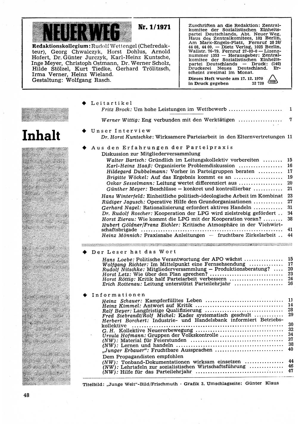 Neuer Weg (NW), Organ des Zentralkomitees (ZK) der SED (Sozialistische Einheitspartei Deutschlands) für Fragen des Parteilebens, 26. Jahrgang [Deutsche Demokratische Republik (DDR)] 1971, Seite 48 (NW ZK SED DDR 1971, S. 48)