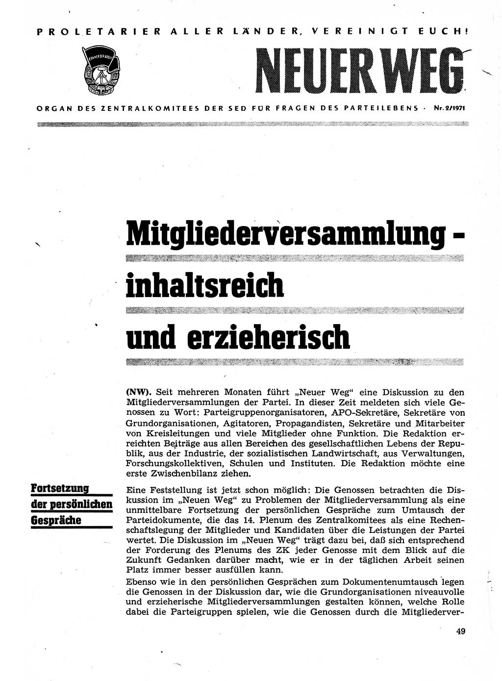 Neuer Weg (NW), Organ des Zentralkomitees (ZK) der SED (Sozialistische Einheitspartei Deutschlands) für Fragen des Parteilebens, 26. Jahrgang [Deutsche Demokratische Republik (DDR)] 1971, Seite 49 (NW ZK SED DDR 1971, S. 49)