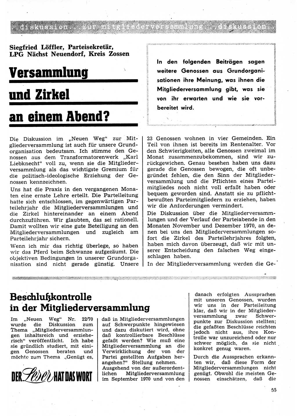 Neuer Weg (NW), Organ des Zentralkomitees (ZK) der SED (Sozialistische Einheitspartei Deutschlands) für Fragen des Parteilebens, 26. Jahrgang [Deutsche Demokratische Republik (DDR)] 1971, Seite 55 (NW ZK SED DDR 1971, S. 55)