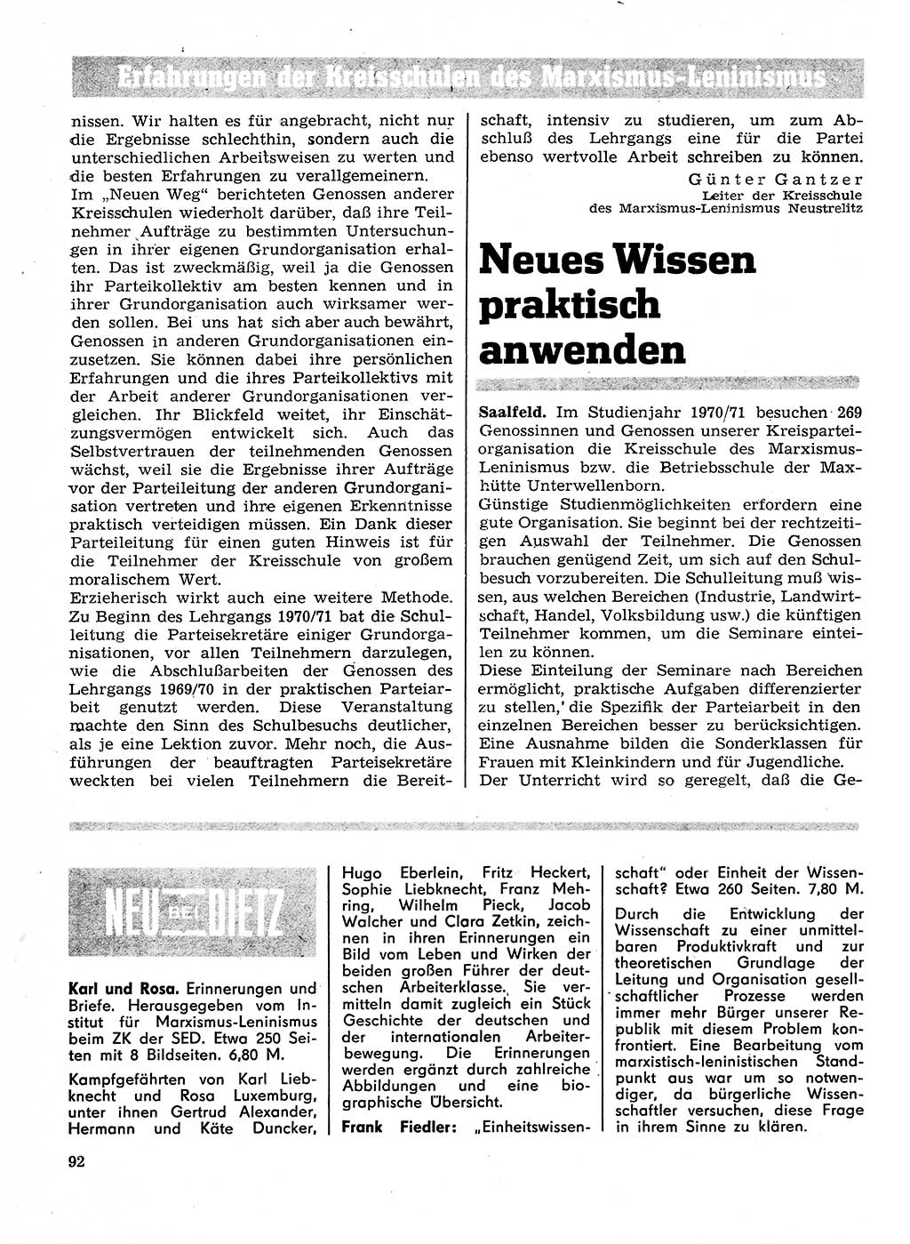 Neuer Weg (NW), Organ des Zentralkomitees (ZK) der SED (Sozialistische Einheitspartei Deutschlands) für Fragen des Parteilebens, 26. Jahrgang [Deutsche Demokratische Republik (DDR)] 1971, Seite 92 (NW ZK SED DDR 1971, S. 92)