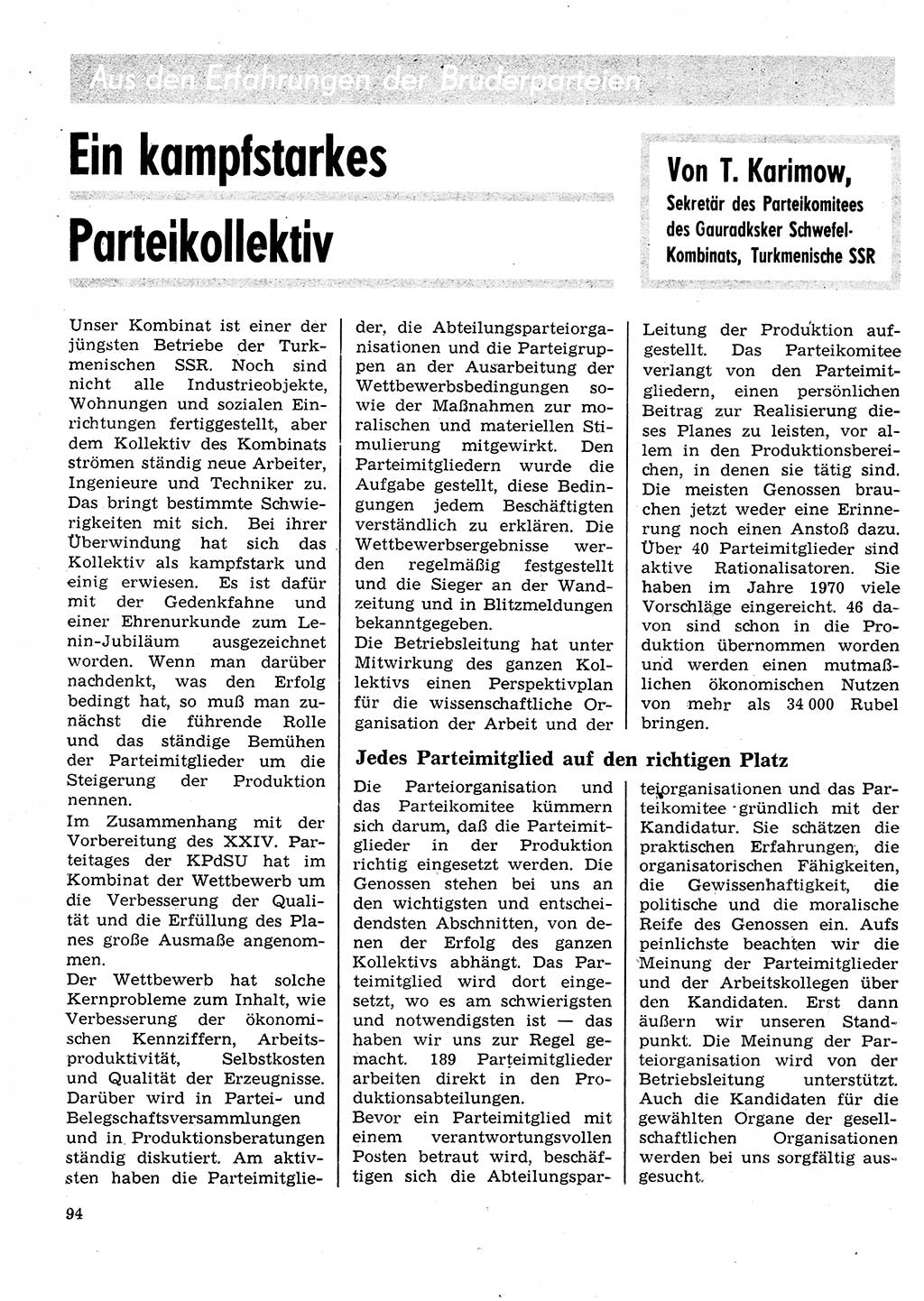 Neuer Weg (NW), Organ des Zentralkomitees (ZK) der SED (Sozialistische Einheitspartei Deutschlands) für Fragen des Parteilebens, 26. Jahrgang [Deutsche Demokratische Republik (DDR)] 1971, Seite 94 (NW ZK SED DDR 1971, S. 94)