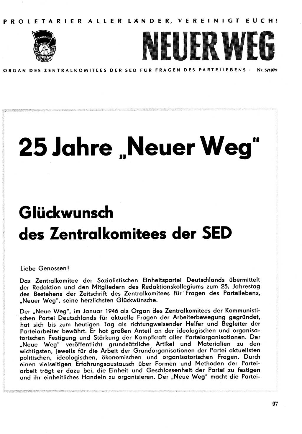 Neuer Weg (NW), Organ des Zentralkomitees (ZK) der SED (Sozialistische Einheitspartei Deutschlands) für Fragen des Parteilebens, 26. Jahrgang [Deutsche Demokratische Republik (DDR)] 1971, Seite 97 (NW ZK SED DDR 1971, S. 97)