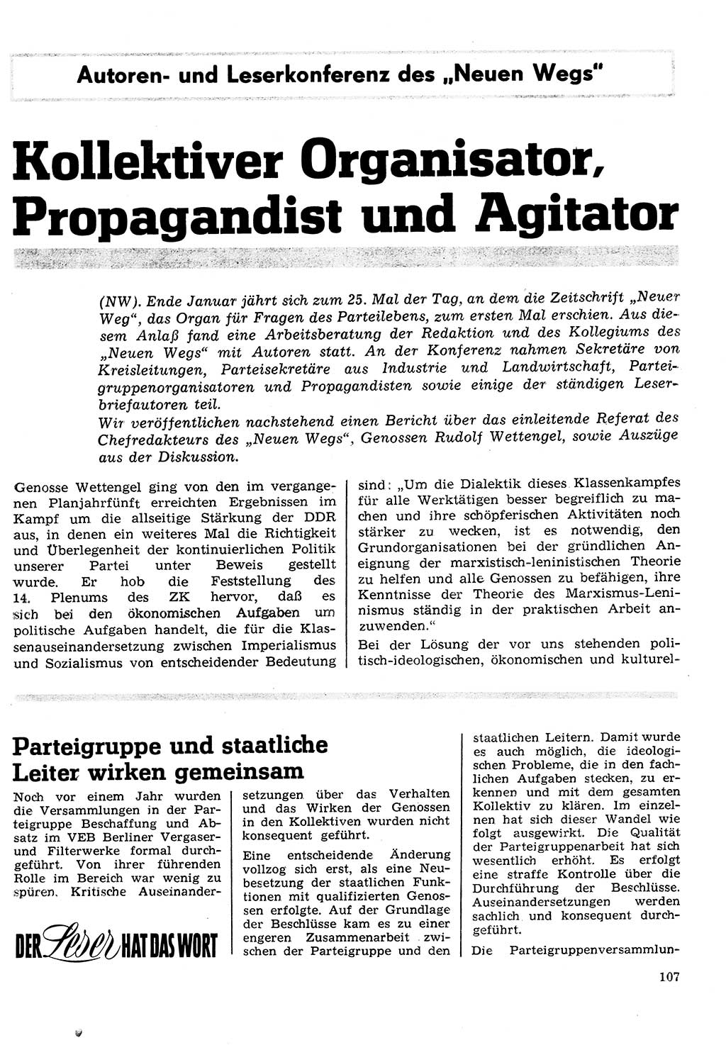 Neuer Weg (NW), Organ des Zentralkomitees (ZK) der SED (Sozialistische Einheitspartei Deutschlands) für Fragen des Parteilebens, 26. Jahrgang [Deutsche Demokratische Republik (DDR)] 1971, Seite 107 (NW ZK SED DDR 1971, S. 107)