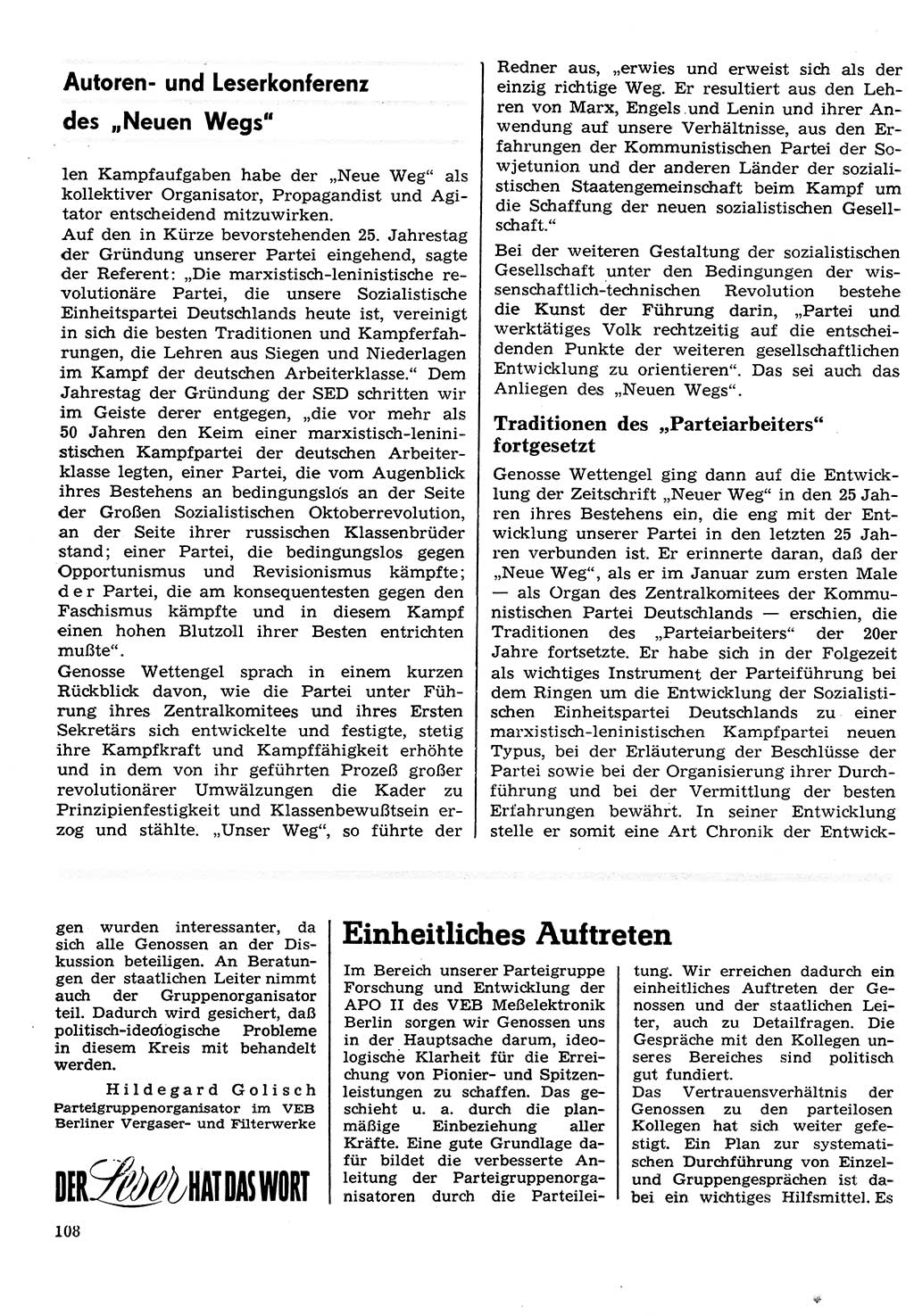 Neuer Weg (NW), Organ des Zentralkomitees (ZK) der SED (Sozialistische Einheitspartei Deutschlands) für Fragen des Parteilebens, 26. Jahrgang [Deutsche Demokratische Republik (DDR)] 1971, Seite 108 (NW ZK SED DDR 1971, S. 108)