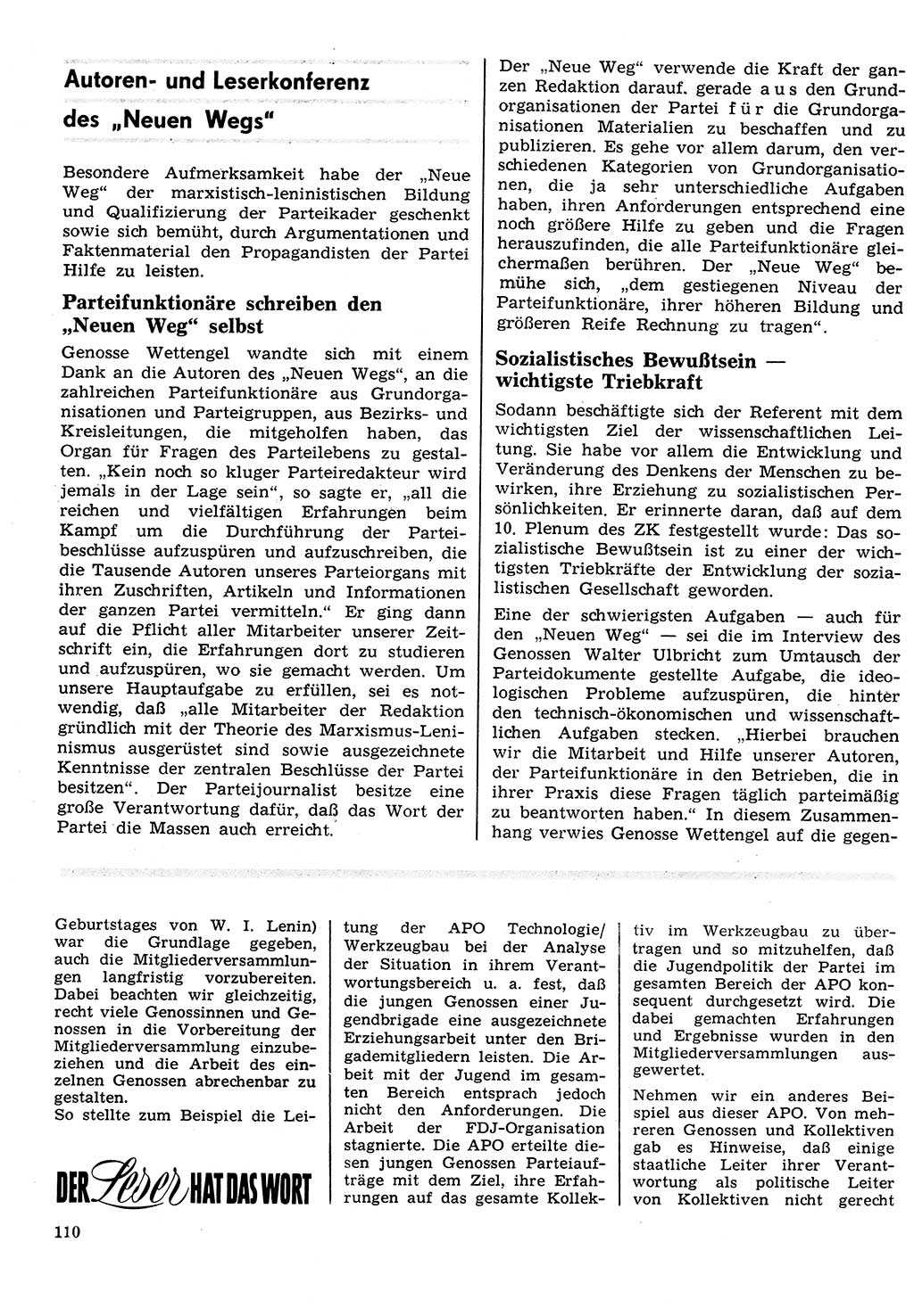 Neuer Weg (NW), Organ des Zentralkomitees (ZK) der SED (Sozialistische Einheitspartei Deutschlands) für Fragen des Parteilebens, 26. Jahrgang [Deutsche Demokratische Republik (DDR)] 1971, Seite 110 (NW ZK SED DDR 1971, S. 110)