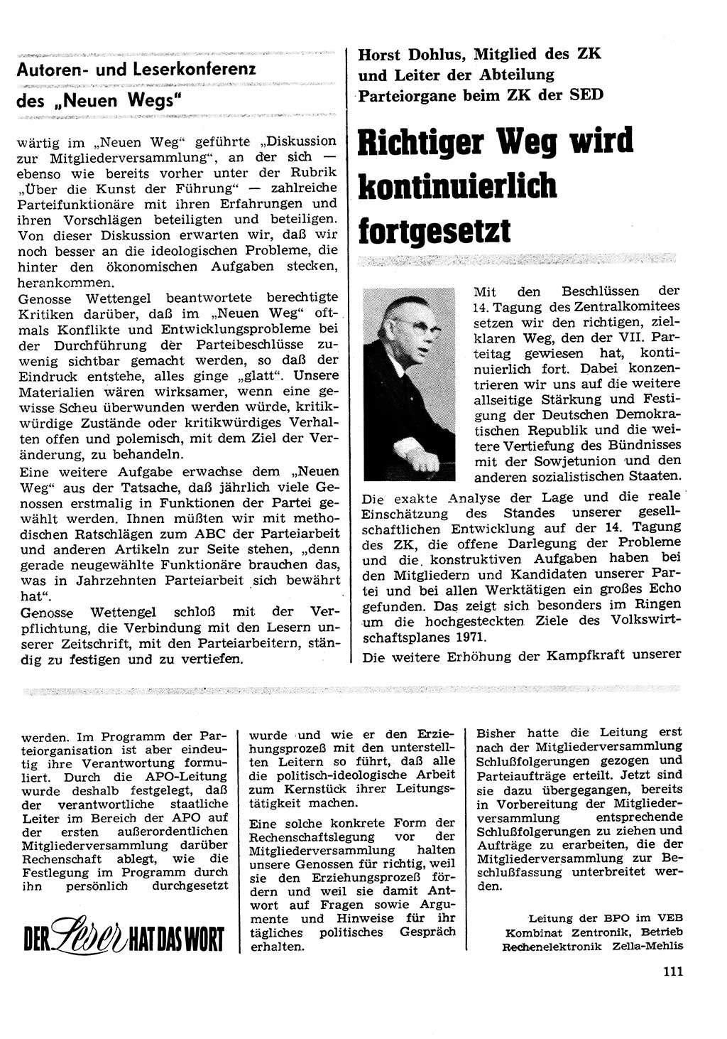 Neuer Weg (NW), Organ des Zentralkomitees (ZK) der SED (Sozialistische Einheitspartei Deutschlands) für Fragen des Parteilebens, 26. Jahrgang [Deutsche Demokratische Republik (DDR)] 1971, Seite 111 (NW ZK SED DDR 1971, S. 111)
