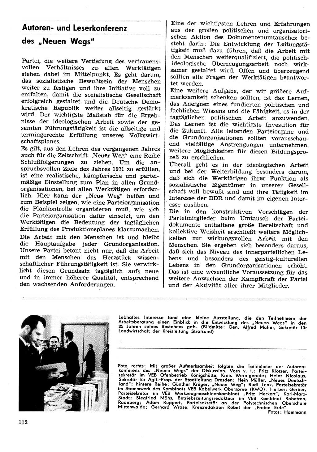 Neuer Weg (NW), Organ des Zentralkomitees (ZK) der SED (Sozialistische Einheitspartei Deutschlands) für Fragen des Parteilebens, 26. Jahrgang [Deutsche Demokratische Republik (DDR)] 1971, Seite 112 (NW ZK SED DDR 1971, S. 112)
