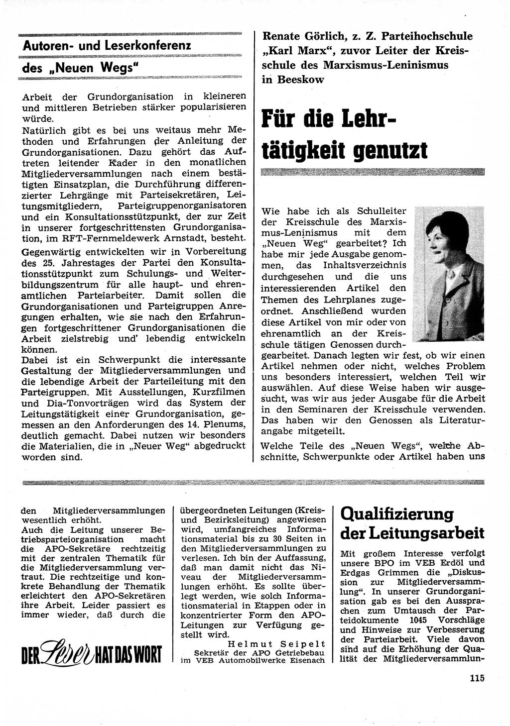 Neuer Weg (NW), Organ des Zentralkomitees (ZK) der SED (Sozialistische Einheitspartei Deutschlands) für Fragen des Parteilebens, 26. Jahrgang [Deutsche Demokratische Republik (DDR)] 1971, Seite 115 (NW ZK SED DDR 1971, S. 115)