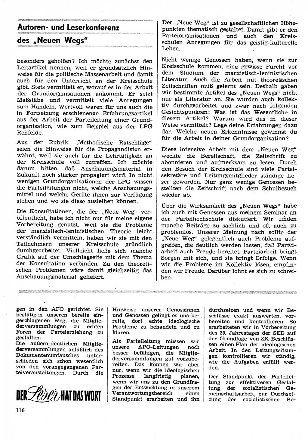 Neuer Weg (NW), Organ des Zentralkomitees (ZK) der SED (Sozialistische Einheitspartei Deutschlands) für Fragen des Parteilebens, 26. Jahrgang [Deutsche Demokratische Republik (DDR)] 1971, Seite 116 (NW ZK SED DDR 1971, S. 116)