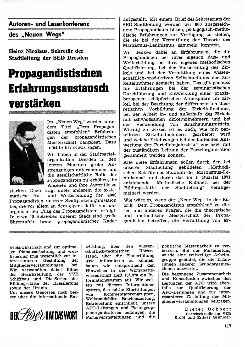Neuer Weg (NW), Organ des Zentralkomitees (ZK) der SED (Sozialistische Einheitspartei Deutschlands) für Fragen des Parteilebens, 26. Jahrgang [Deutsche Demokratische Republik (DDR)] 1971, Seite 117 (NW ZK SED DDR 1971, S. 117)