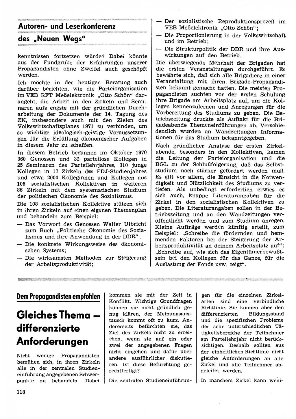 Neuer Weg (NW), Organ des Zentralkomitees (ZK) der SED (Sozialistische Einheitspartei Deutschlands) für Fragen des Parteilebens, 26. Jahrgang [Deutsche Demokratische Republik (DDR)] 1971, Seite 118 (NW ZK SED DDR 1971, S. 118)
