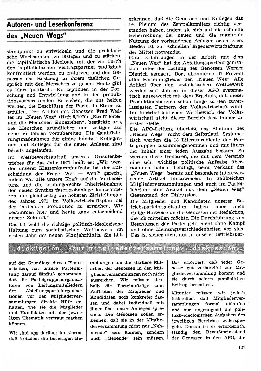 Neuer Weg (NW), Organ des Zentralkomitees (ZK) der SED (Sozialistische Einheitspartei Deutschlands) für Fragen des Parteilebens, 26. Jahrgang [Deutsche Demokratische Republik (DDR)] 1971, Seite 121 (NW ZK SED DDR 1971, S. 121)
