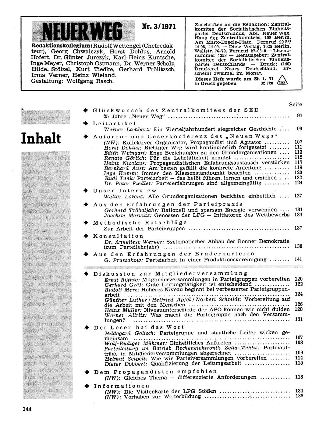 Neuer Weg (NW), Organ des Zentralkomitees (ZK) der SED (Sozialistische Einheitspartei Deutschlands) fÃ¼r Fragen des Parteilebens, 26. Jahrgang [Deutsche Demokratische Republik (DDR)] 1971, Seite 144 (NW ZK SED DDR 1971, S. 144)