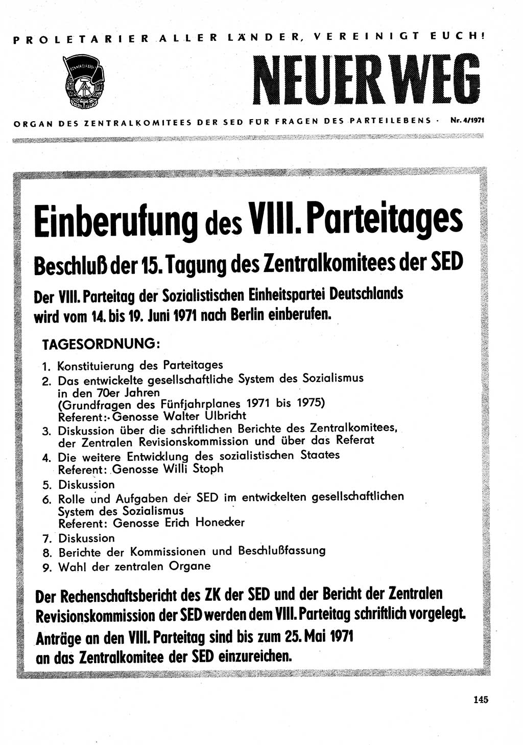 Neuer Weg (NW), Organ des Zentralkomitees (ZK) der SED (Sozialistische Einheitspartei Deutschlands) für Fragen des Parteilebens, 26. Jahrgang [Deutsche Demokratische Republik (DDR)] 1971, Seite 145 (NW ZK SED DDR 1971, S. 145)