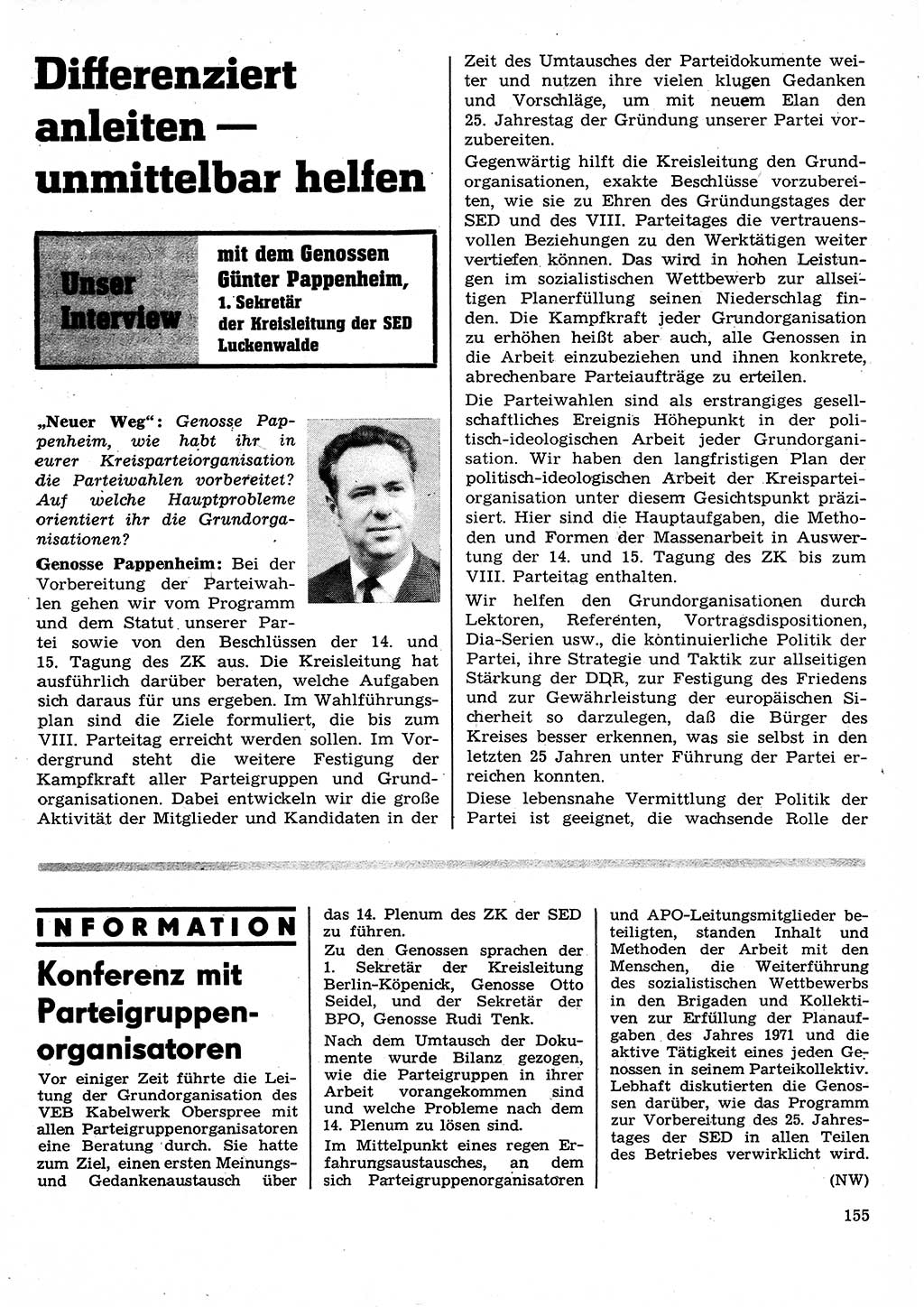 Neuer Weg (NW), Organ des Zentralkomitees (ZK) der SED (Sozialistische Einheitspartei Deutschlands) für Fragen des Parteilebens, 26. Jahrgang [Deutsche Demokratische Republik (DDR)] 1971, Seite 155 (NW ZK SED DDR 1971, S. 155)