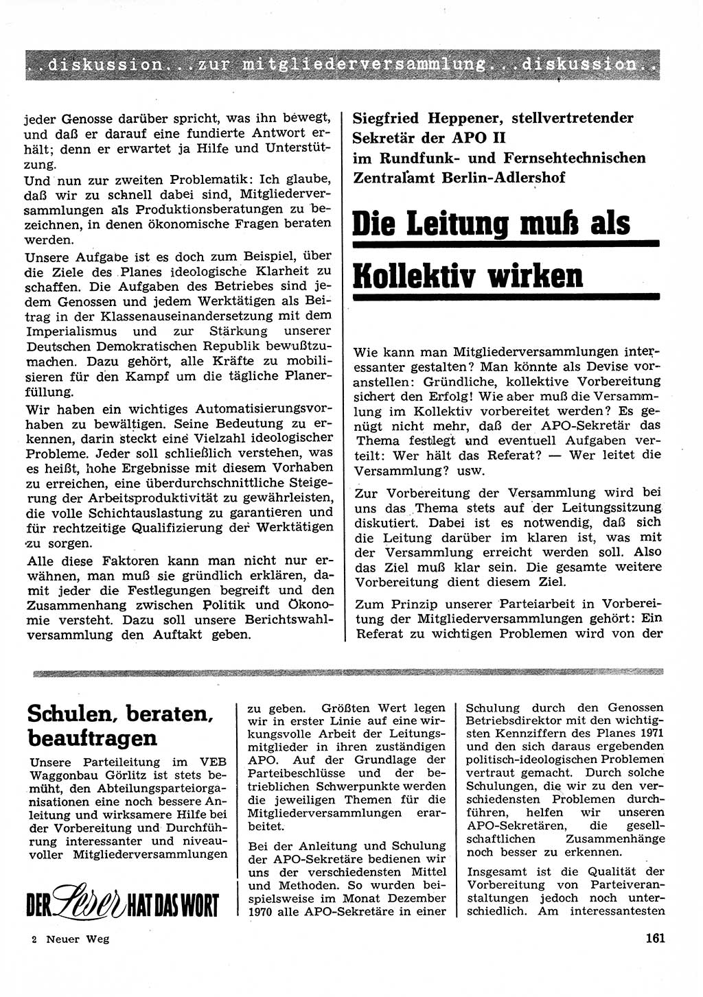 Neuer Weg (NW), Organ des Zentralkomitees (ZK) der SED (Sozialistische Einheitspartei Deutschlands) für Fragen des Parteilebens, 26. Jahrgang [Deutsche Demokratische Republik (DDR)] 1971, Seite 161 (NW ZK SED DDR 1971, S. 161)