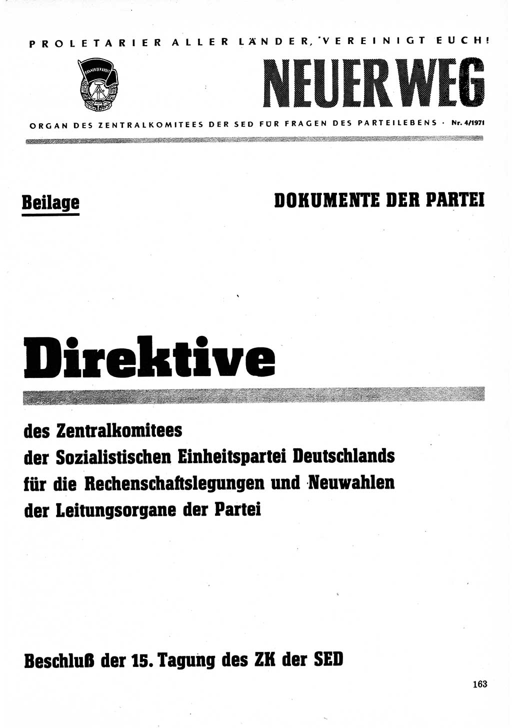 Neuer Weg (NW), Organ des Zentralkomitees (ZK) der SED (Sozialistische Einheitspartei Deutschlands) für Fragen des Parteilebens, 26. Jahrgang [Deutsche Demokratische Republik (DDR)] 1971, Seite 163 (NW ZK SED DDR 1971, S. 163)