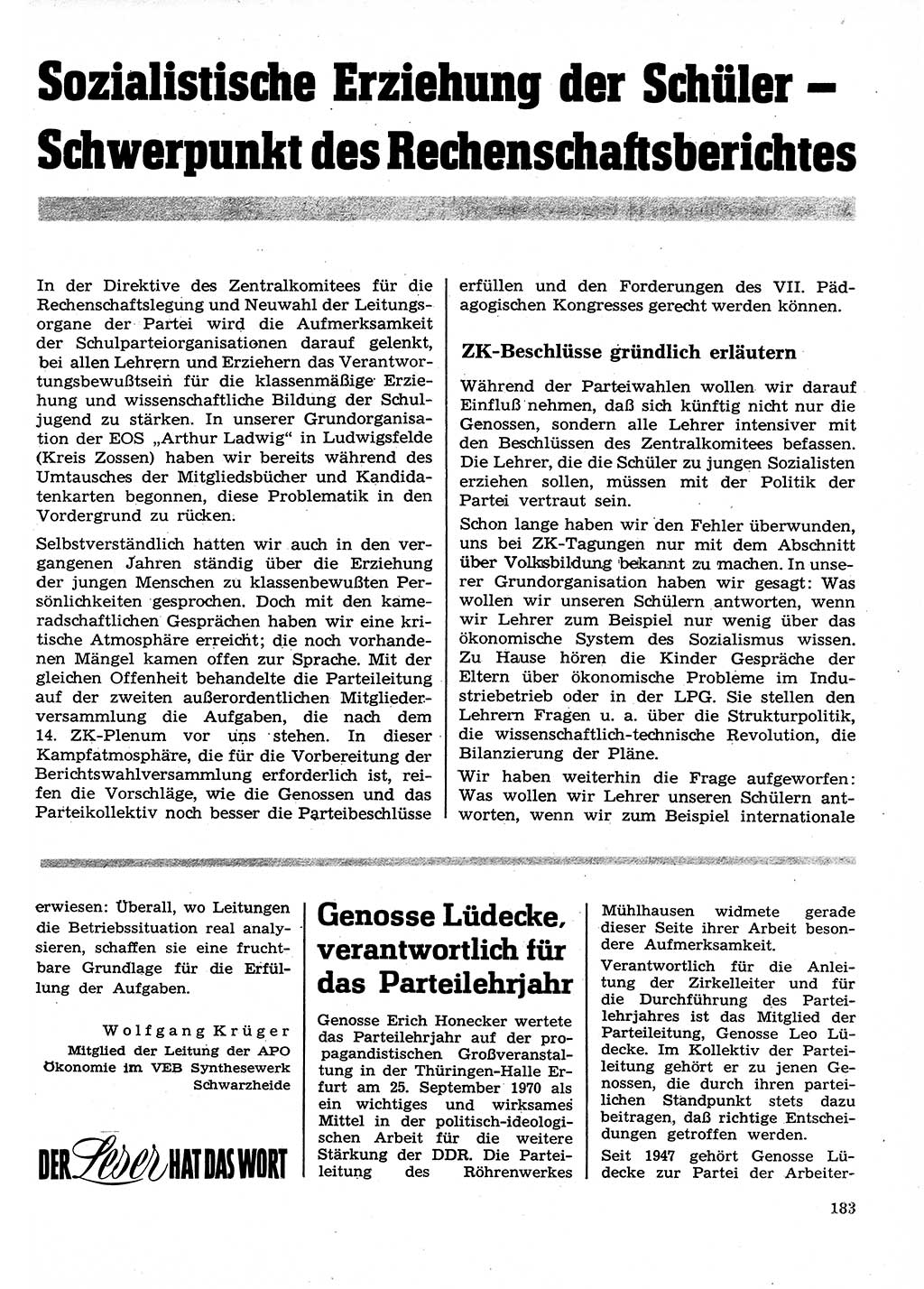 Neuer Weg (NW), Organ des Zentralkomitees (ZK) der SED (Sozialistische Einheitspartei Deutschlands) für Fragen des Parteilebens, 26. Jahrgang [Deutsche Demokratische Republik (DDR)] 1971, Seite 183 (NW ZK SED DDR 1971, S. 183)