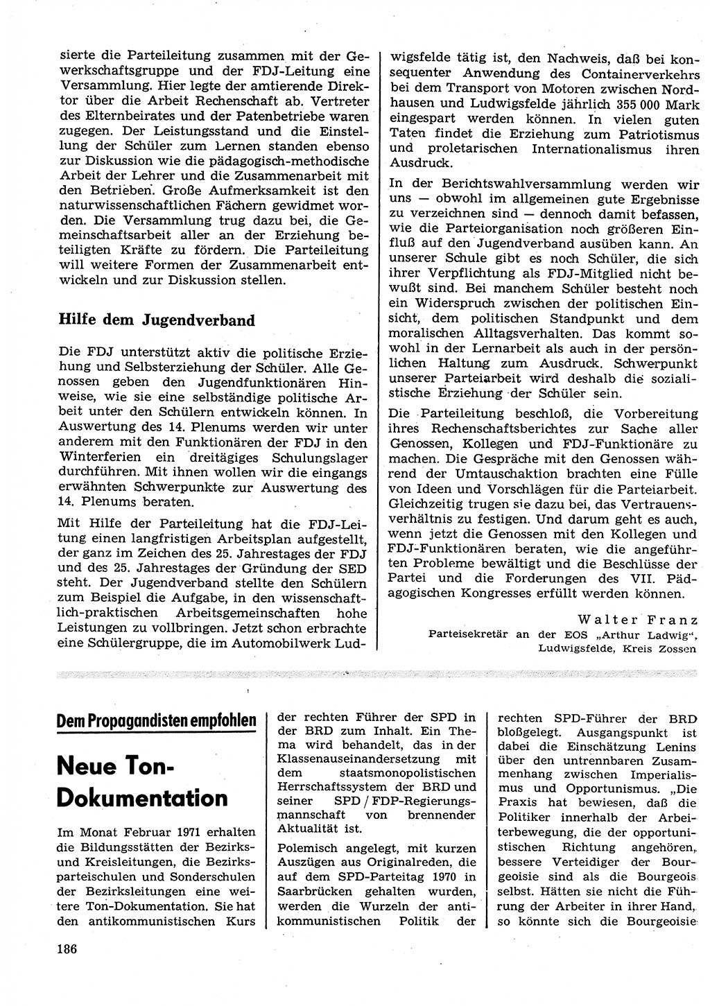 Neuer Weg (NW), Organ des Zentralkomitees (ZK) der SED (Sozialistische Einheitspartei Deutschlands) für Fragen des Parteilebens, 26. Jahrgang [Deutsche Demokratische Republik (DDR)] 1971, Seite 186 (NW ZK SED DDR 1971, S. 186)