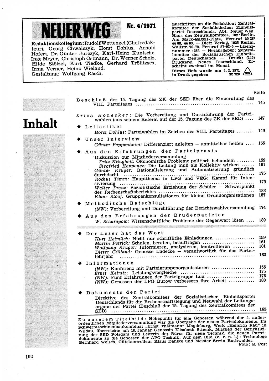 Neuer Weg (NW), Organ des Zentralkomitees (ZK) der SED (Sozialistische Einheitspartei Deutschlands) für Fragen des Parteilebens, 26. Jahrgang [Deutsche Demokratische Republik (DDR)] 1971, Seite 192 (NW ZK SED DDR 1971, S. 192)