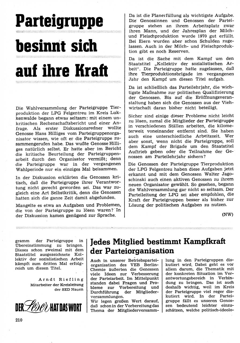 Neuer Weg (NW), Organ des Zentralkomitees (ZK) der SED (Sozialistische Einheitspartei Deutschlands) für Fragen des Parteilebens, 26. Jahrgang [Deutsche Demokratische Republik (DDR)] 1971, Seite 210 (NW ZK SED DDR 1971, S. 210)