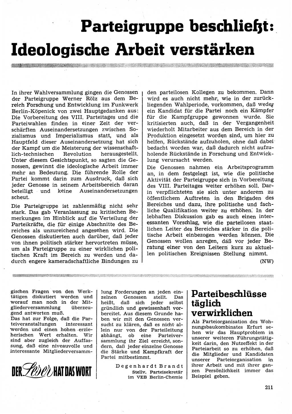 Neuer Weg (NW), Organ des Zentralkomitees (ZK) der SED (Sozialistische Einheitspartei Deutschlands) für Fragen des Parteilebens, 26. Jahrgang [Deutsche Demokratische Republik (DDR)] 1971, Seite 211 (NW ZK SED DDR 1971, S. 211)