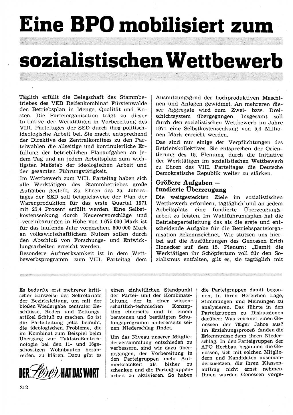 Neuer Weg (NW), Organ des Zentralkomitees (ZK) der SED (Sozialistische Einheitspartei Deutschlands) für Fragen des Parteilebens, 26. Jahrgang [Deutsche Demokratische Republik (DDR)] 1971, Seite 212 (NW ZK SED DDR 1971, S. 212)
