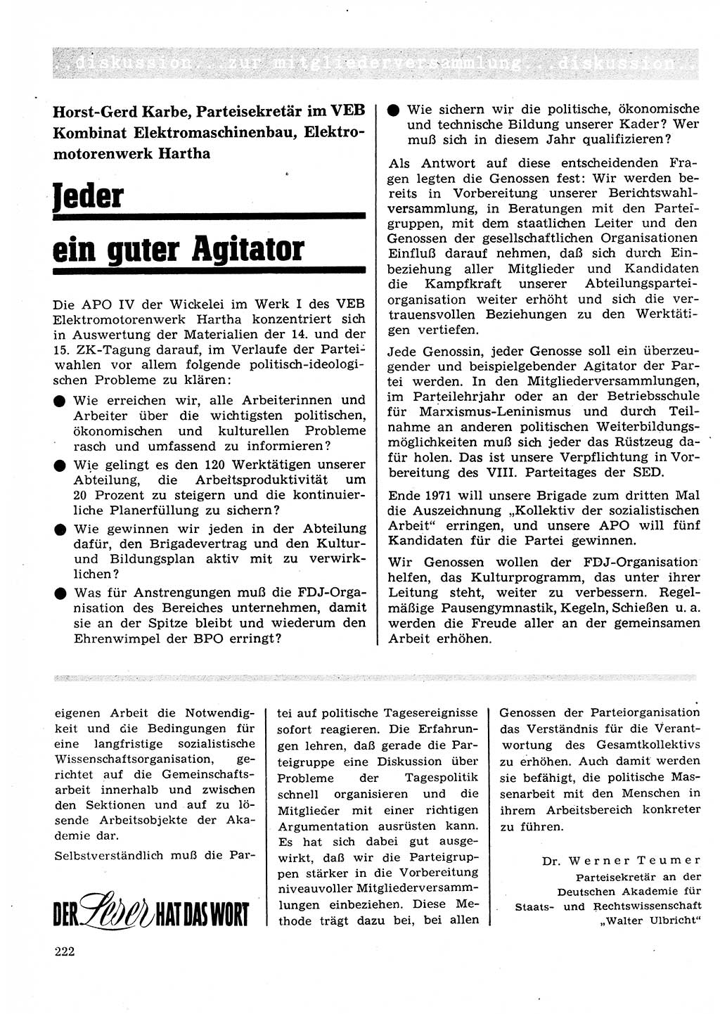 Neuer Weg (NW), Organ des Zentralkomitees (ZK) der SED (Sozialistische Einheitspartei Deutschlands) für Fragen des Parteilebens, 26. Jahrgang [Deutsche Demokratische Republik (DDR)] 1971, Seite 222 (NW ZK SED DDR 1971, S. 222)