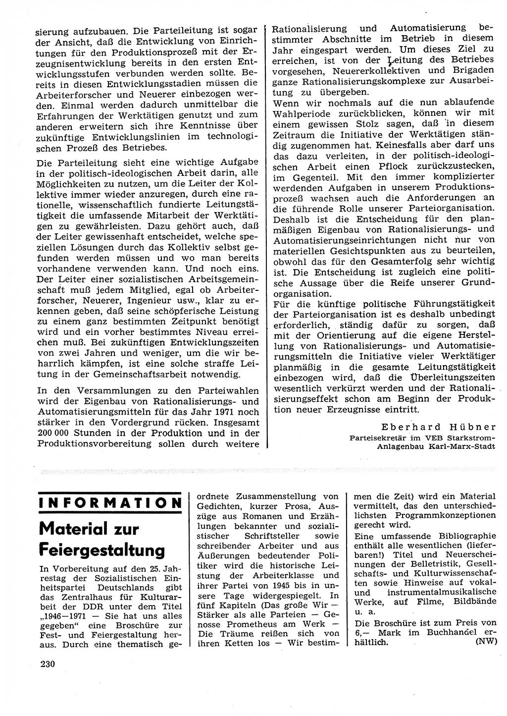 Neuer Weg (NW), Organ des Zentralkomitees (ZK) der SED (Sozialistische Einheitspartei Deutschlands) für Fragen des Parteilebens, 26. Jahrgang [Deutsche Demokratische Republik (DDR)] 1971, Seite 230 (NW ZK SED DDR 1971, S. 230)