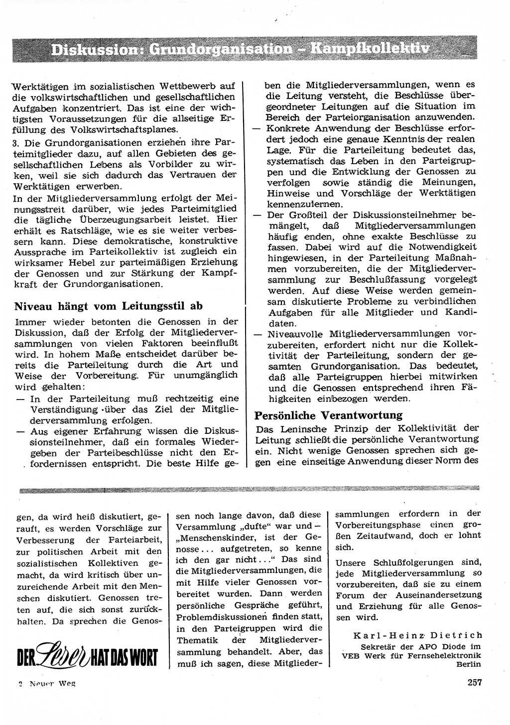 Neuer Weg (NW), Organ des Zentralkomitees (ZK) der SED (Sozialistische Einheitspartei Deutschlands) für Fragen des Parteilebens, 26. Jahrgang [Deutsche Demokratische Republik (DDR)] 1971, Seite 257 (NW ZK SED DDR 1971, S. 257)