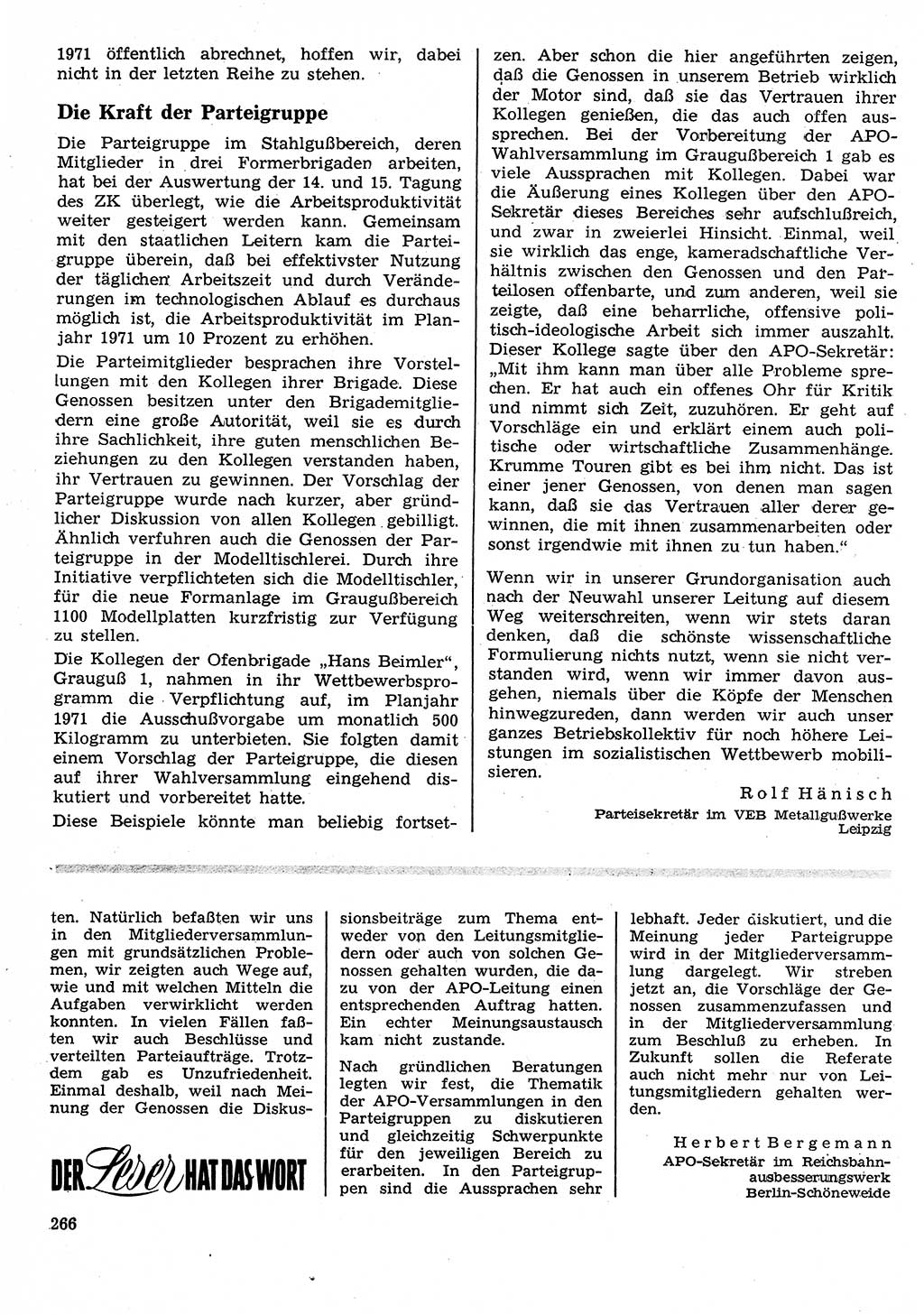 Neuer Weg (NW), Organ des Zentralkomitees (ZK) der SED (Sozialistische Einheitspartei Deutschlands) für Fragen des Parteilebens, 26. Jahrgang [Deutsche Demokratische Republik (DDR)] 1971, Seite 266 (NW ZK SED DDR 1971, S. 266)