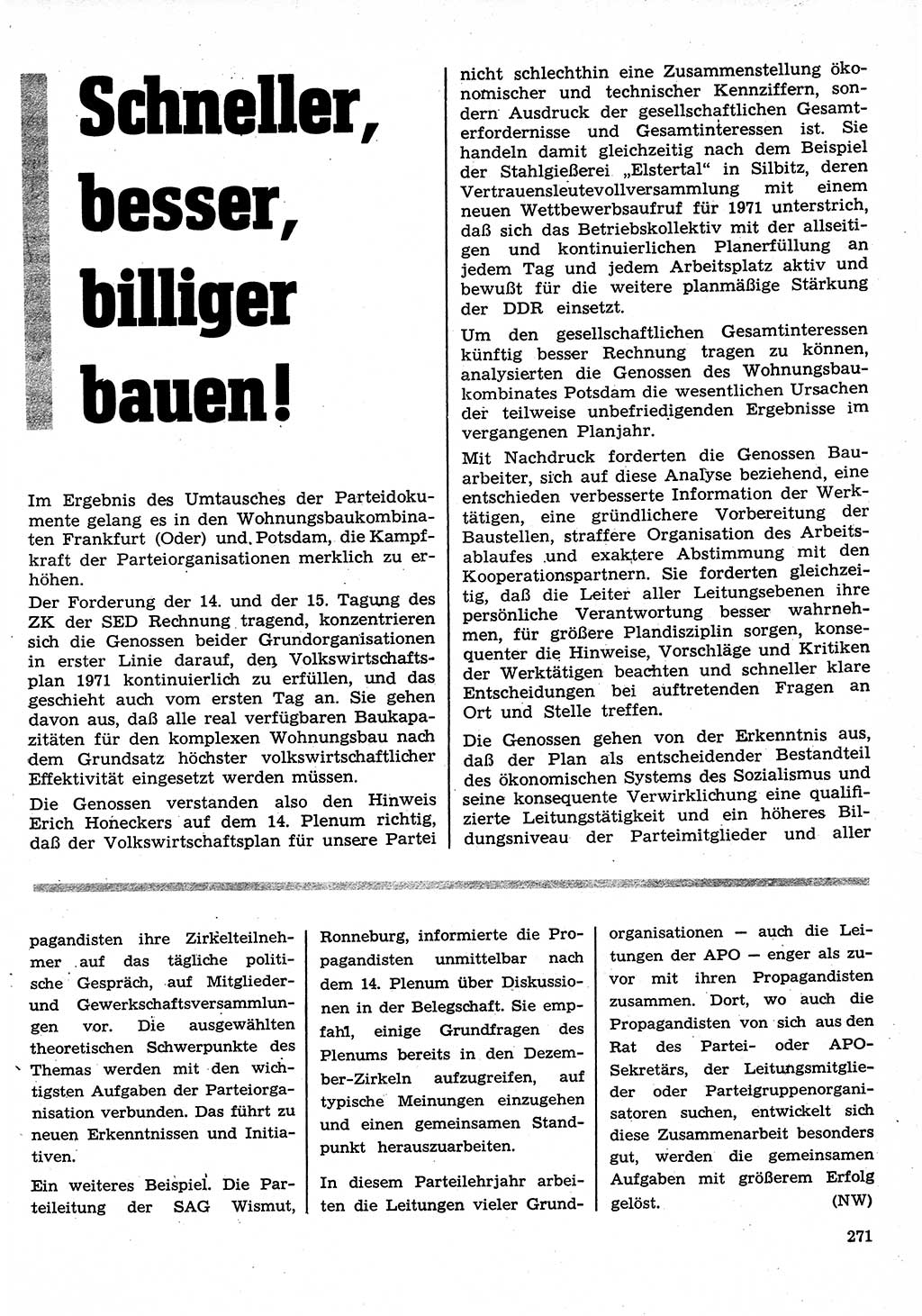 Neuer Weg (NW), Organ des Zentralkomitees (ZK) der SED (Sozialistische Einheitspartei Deutschlands) für Fragen des Parteilebens, 26. Jahrgang [Deutsche Demokratische Republik (DDR)] 1971, Seite 271 (NW ZK SED DDR 1971, S. 271)